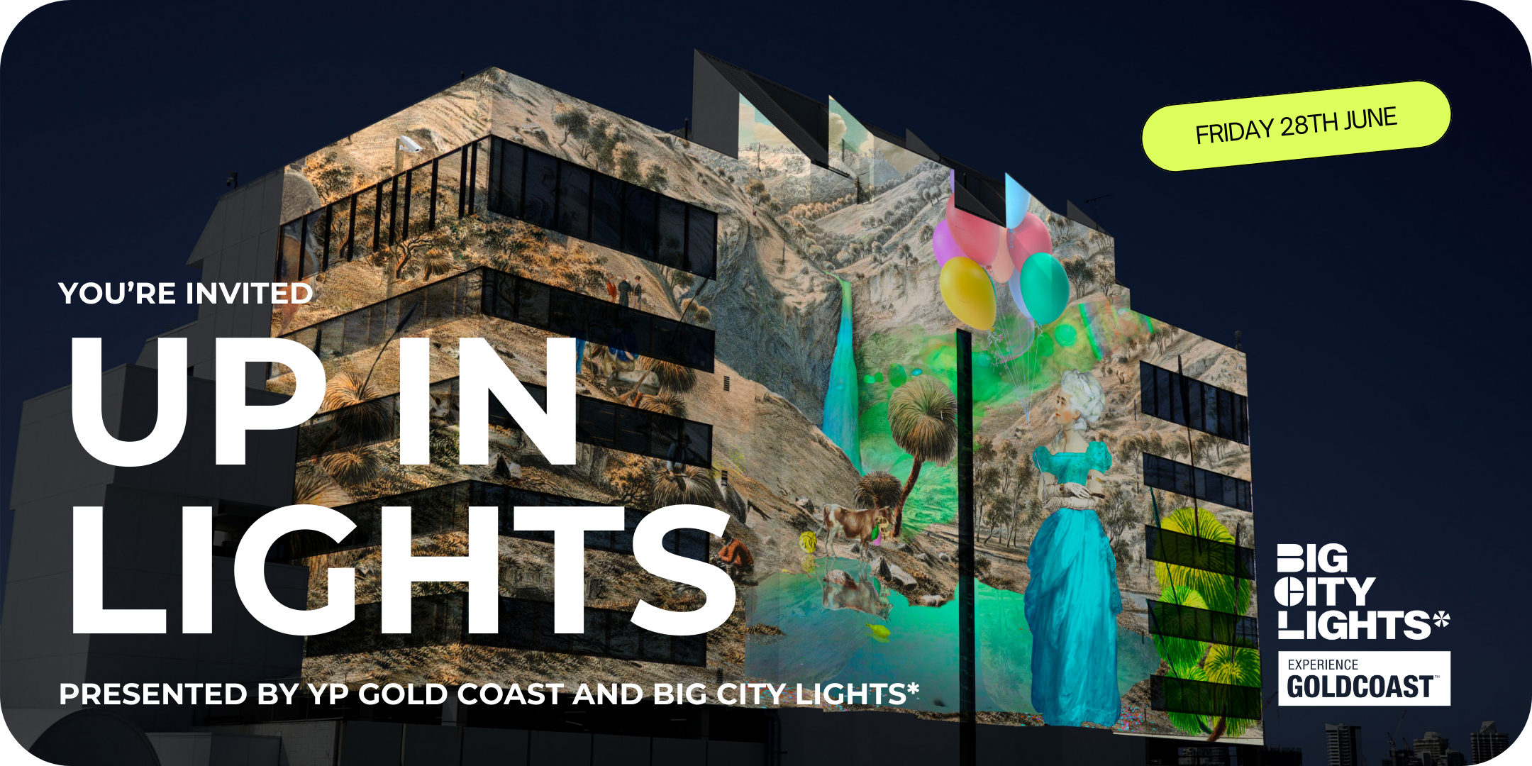 The Australia Fair building is illuminated on one side by a projection of an artwork depicting a young, fair-skinned woman with luminous yellow hair piled on top of her head. She is wearing an old-fashioned, blue-green dress and fluorescent yellow gloves. Immediately around her is a haze of bright colours, then behind is what appears to be an arid Australian landscape. The night sky behind the building is dark.
